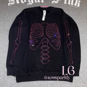 VS PINK Limited Edition Rhinestone Bling Halloween Skeleton Sweatshirt - LG